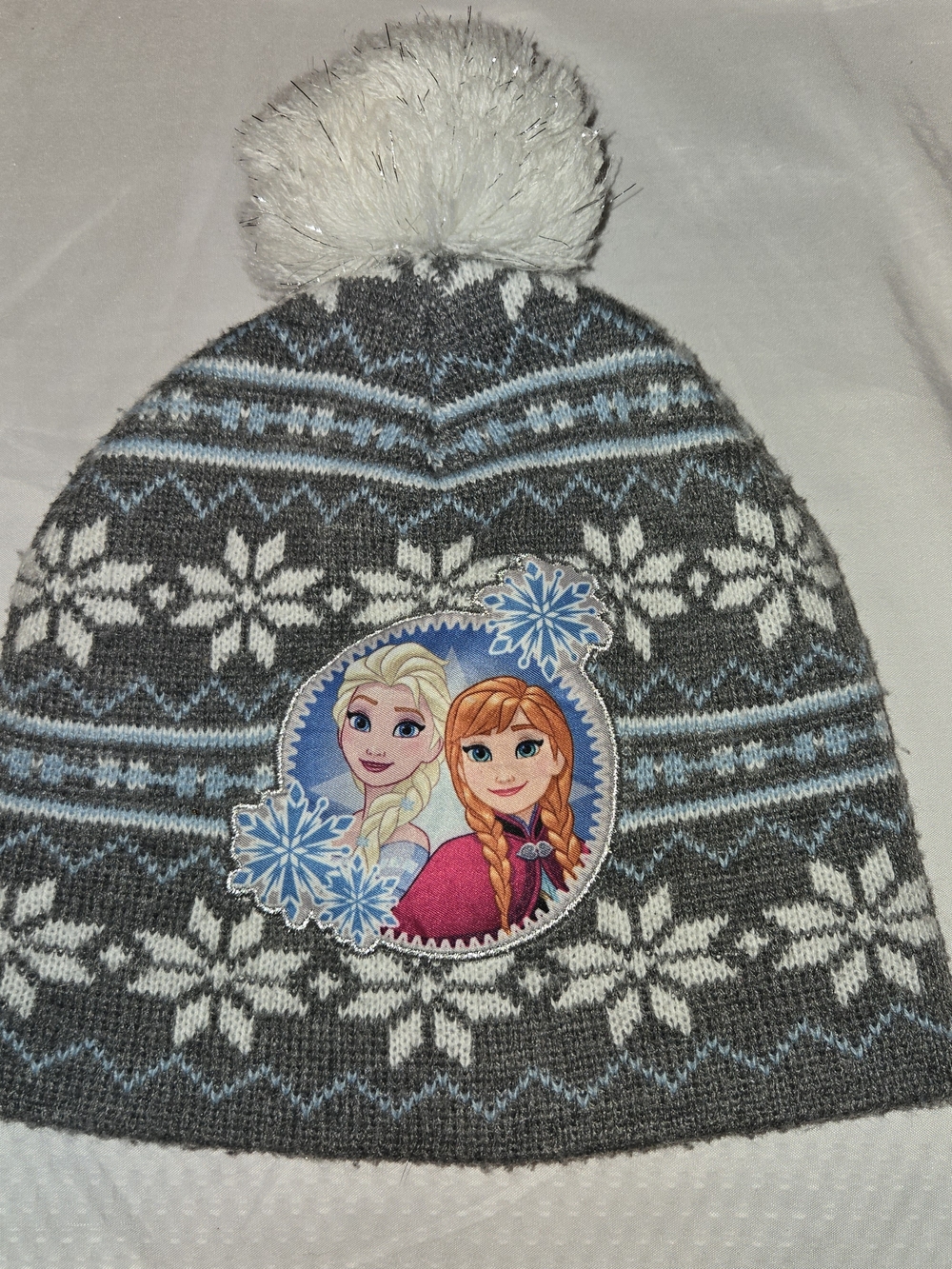 Disney Frozen Pom Knit Beanie with Anna & Elsa Patch SZ 2T-5T